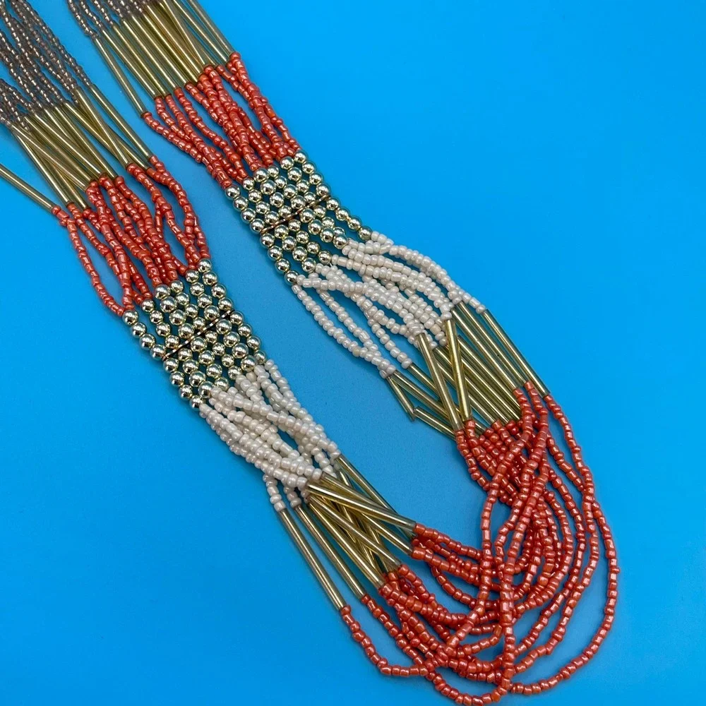 ALDO Seed Beaded Multi Strand Necklace‎ Coral White Gold Tone Boho Statement